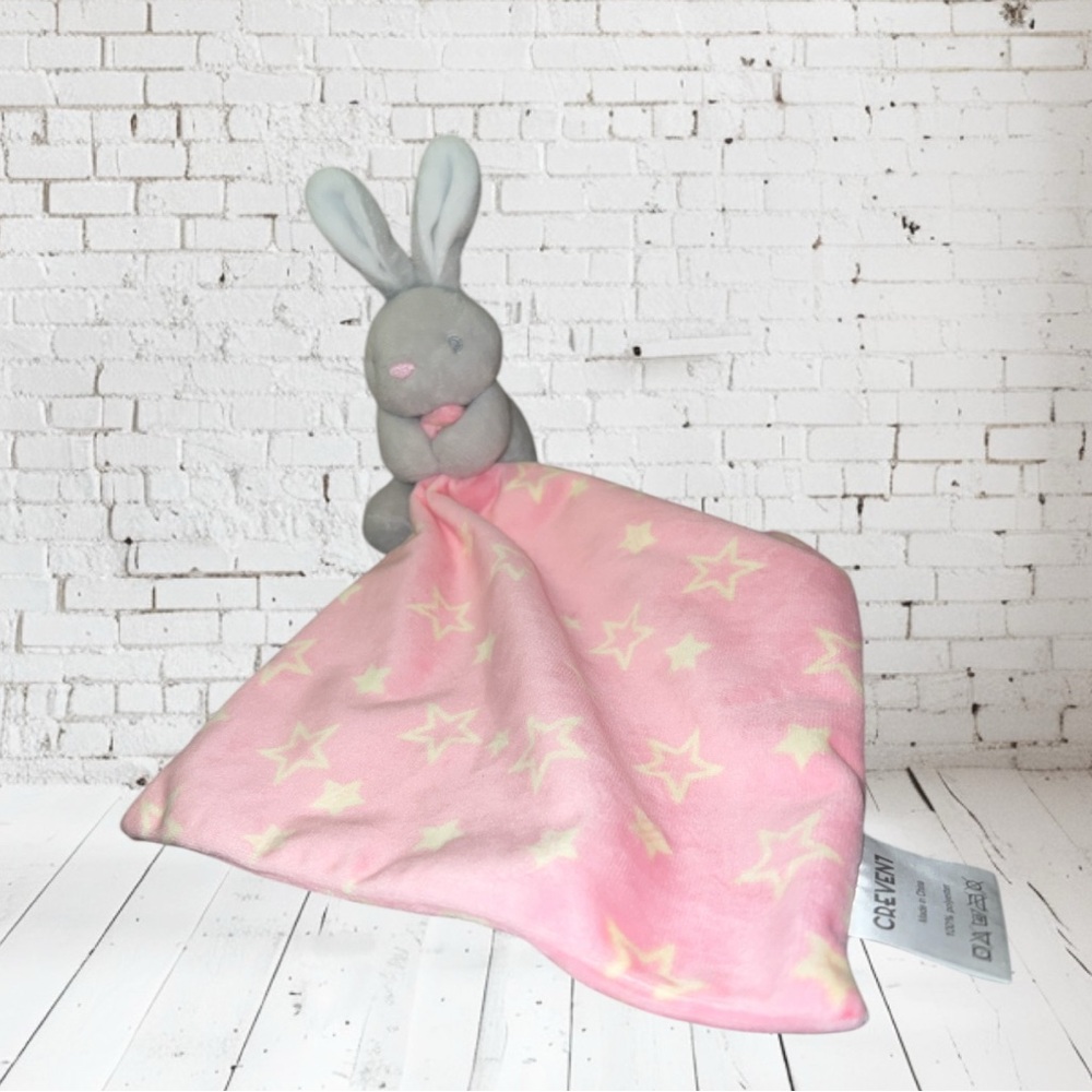 Crevent Bunny Rabbit Lovey Security Blanket Pink Yellow Stars Gray White Plush